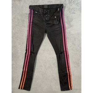 MacKeen Jeans Mens 30x33 Black Ripped Denim Multi Color Stripe Skinny Button Fly
